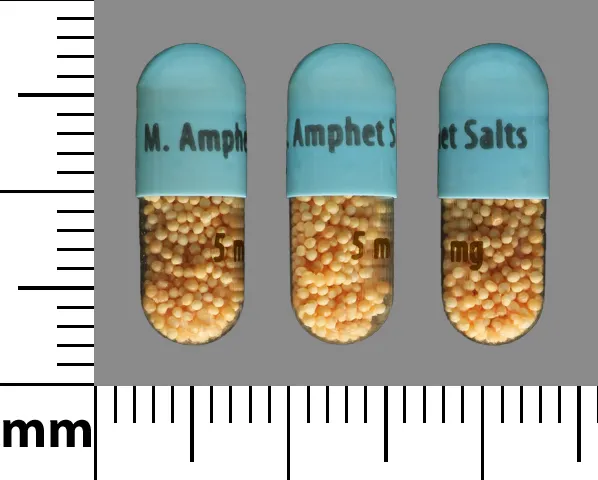 Amphetamine/Dextroamphetamine (Adderall, Mydayis, and others) M. AMPHET SALTS 5 MG Pill Image