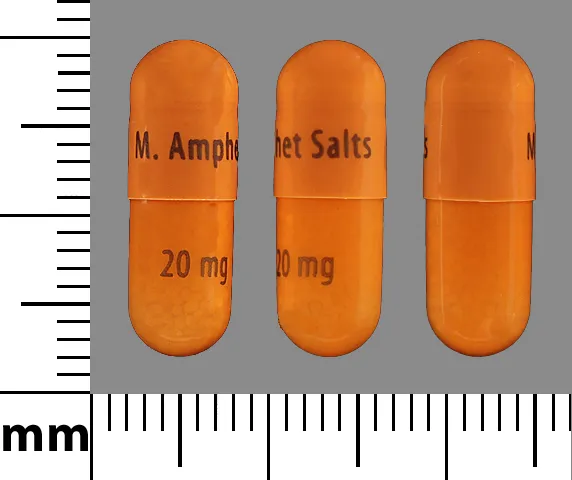 Amphetamine/Dextroamphetamine (Adderall, Mydayis, and others) M. AMPHET SALTS 20 MG Pill Image