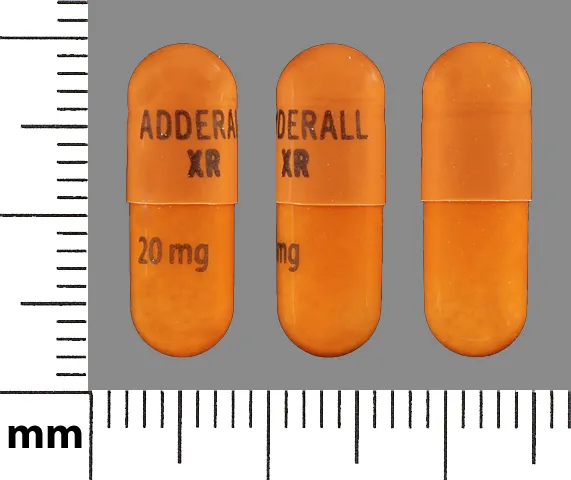 Amphetamine/Dextroamphetamine (Adderall, Mydayis, and others) ADDERALL XR 20 MG Pill Image