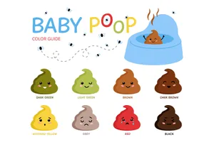 Shades of mustard yellow, green, or brown can be normal in babies. If your baby has grey, red, or black poop, talk to a doctor immediately, as these colors can mean food not breaking down the right way, blood in the digestive tract, or an infection or allergic reaction. (Photo credit: Microvone/Dreamstime)