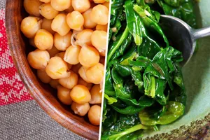 Chickpeas (left) and greens (right) are excellent sources of plant-based protein for vegetarians and vegans. (Photo Credit: iStock / Getty Images)