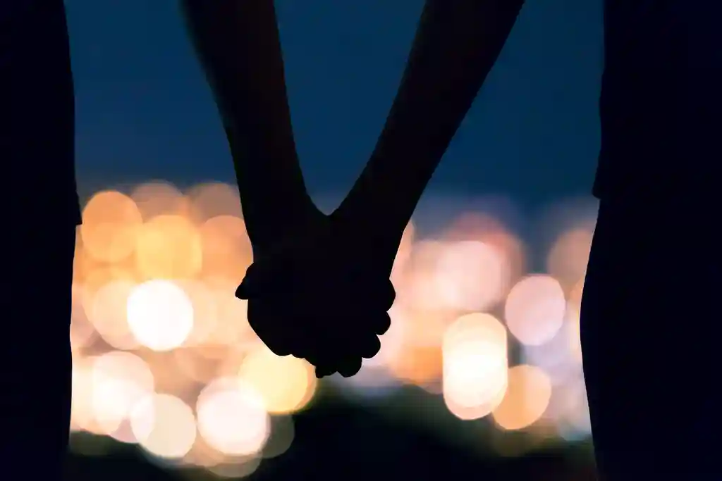 photo of couple holding hands at hight