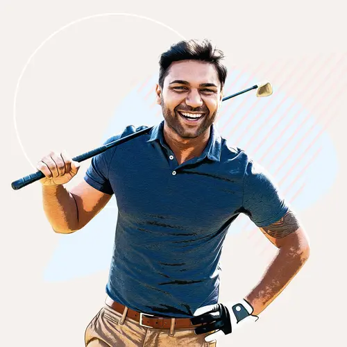 photo of man smiling holding golf club
