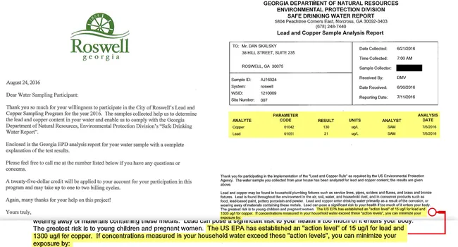 Kathy's letter from the City of Roswell doesn't explicitly state her home tested high for lead.