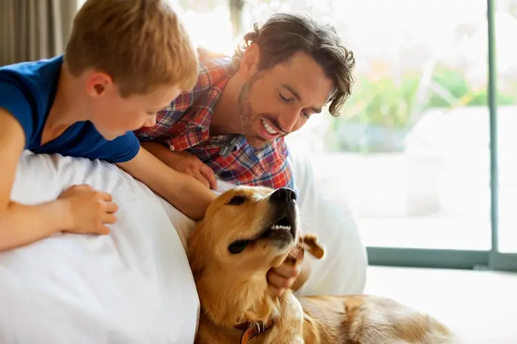 dad and son petting dog