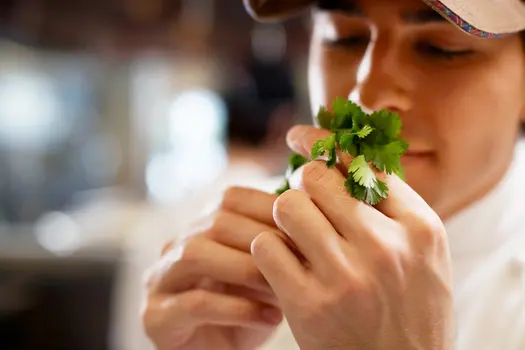 photo of chef smelling coriander