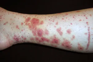 Henoch-Schonlein purpura. Henoch-Schonlein purpura (HSP) is a disease that involves inflammation which causes blood vessels in the skin, intestines, kidneys, and joints to start leaking. The main symptom is a rash with numerous small bruises, which have a raised appearance, over the legs or buttocks. Other symptoms can include joint and abdominal pain as well as kidney impairment. HSP most commonly occurs in children and in boys more than girls. Adults who develop it generally experience more severe cases.