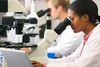 photo of researchers working on microscopes