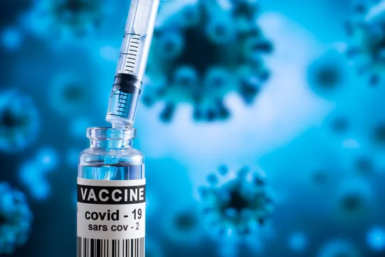 photo of COVID-19 vial of vaccine and virus